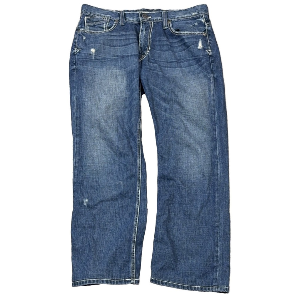 BKE Carter Jeans Men's 32S Blue Straight Distressed Button Fly Stretch